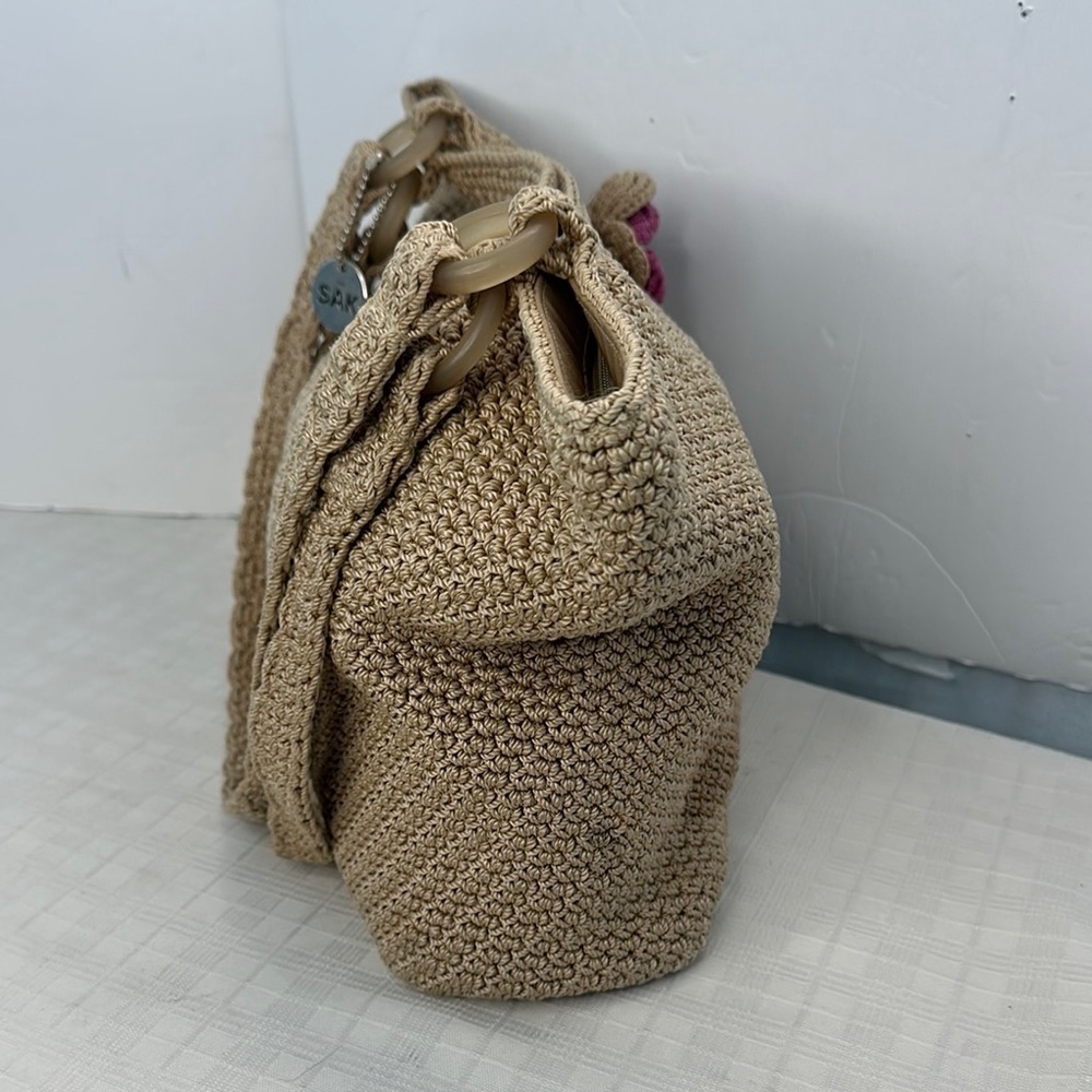 The Sak  crochet Tan Tote Bag with Purple Flower Accent - Picture 4 of 9